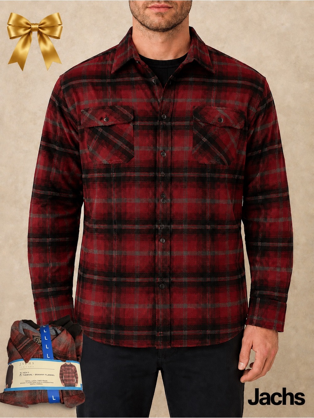 Jachs NY Black Thermal Top + Red Plaid Flannel L NWT